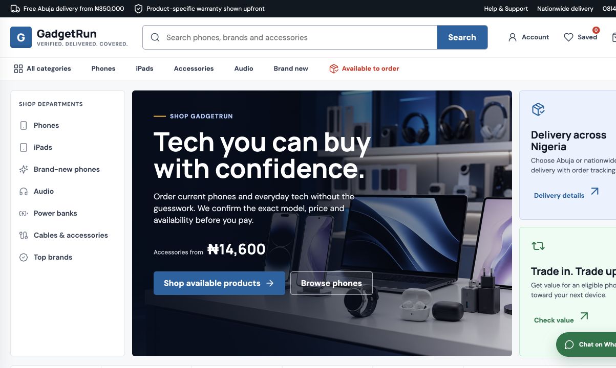 GadgetRun storefront showing tech categories, product browsing and WhatsApp support