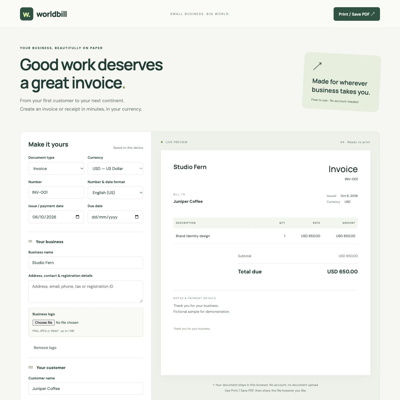 Worldbill invoice builder with a fictional Studio Fern invoice preview